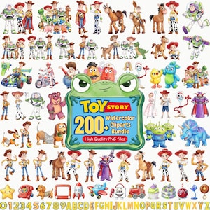 Może przedstawiać: Kolekcja akwarelowych ilustracji przedstawiających postacie z Toy Story, w tym Chudego, Buzza Astrala, Jessie i Bystrego, skupiona wokół znaku w kształcie żaby z napisem Toy Story 200+ Watercolor Cliparts Bundle.