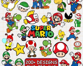 May include: A collection of colorful Super Mario Bros. character graphics, including Mario, Luigi, Yoshi, and various other game elements. The image also includes the text "SUPER MARIO" and "200+ DESIGNS PNG-JPG-SVG FONT INCLUDED".