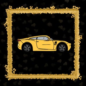 Op de afbeelding: Illustratie van een gele sportwagen met zwarte wielen en het nummer 55 aan de zijkant. De auto staat tegen een zwarte achtergrond met hartvormen en een gouden glitterframe.