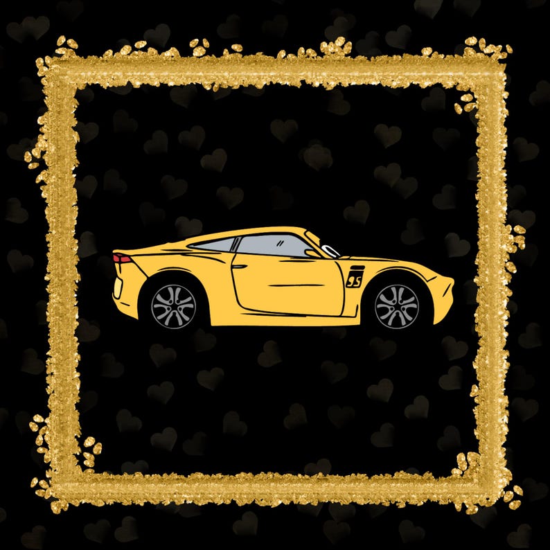 Op de afbeelding: Illustratie van een gele sportwagen met zwarte wielen en het nummer 55 aan de zijkant. De auto staat tegen een zwarte achtergrond met hartvormen en een gouden glitterframe.