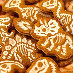 May include: A collection of brown gingerbread biscuits shaped like various dinosaurs, each decorated with white icing to depict detailed skeletal structures including skulls, rib cages, and limbs, layered together in a dense, overlapping arrangement.