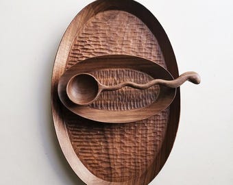 Rustic Black Walnut Wooden Serving Set - Carved Texture Platter, Dish & Snake Spoon