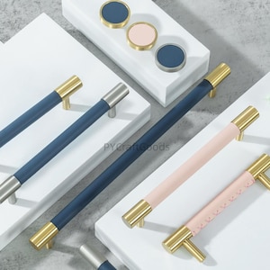 Leather Wrapped Drawer Pulls: Solid Brass Cabinet Handles , Pink, Blue, Green  Dresser knob
