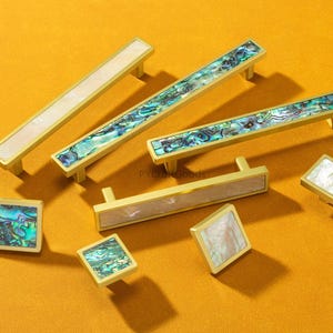 Natural Shell and Brass Drawer Pulls: White, Green Cabinet Knobs, Art Decor Handles