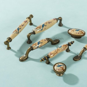 Keramik Schrankgriffe, Vogel Zweig Schubladenknäufe, antike Messingknöpfe Knäufe Hardware