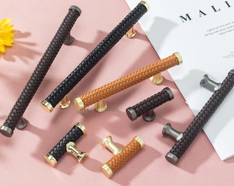Geweven leren keukenkastgrepen: kaki, bruine en zwarte ladegrepen, woondecoratiehardware