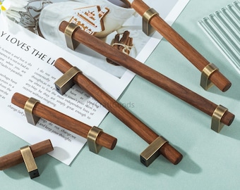 Natuurlijk walnoot kastgrepen, messing en brons houder ladeknoppen handgrepen, kastknop trekt hardware