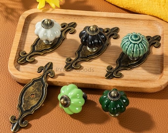 Keramische pompoenladeknoppen, antiek messing plaatgrepen hardware, wit groen zwart grepen