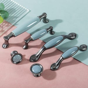 Blue Ceramic Drawer Pulls Knobs ,Nickel Kitchen Cabinet handles , Unique pull knob Hardware