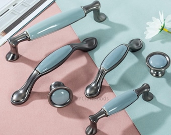 Blauwe keramische ladeknoppen, nikkel keukenkast handgrepen, unieke trekknop hardware