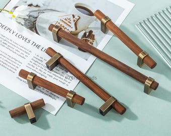 Natural Walnut Cabinet Pulls, Brass &Bronze Holder Drawer knobs Handles ,Cupboard knob Pulls hardware