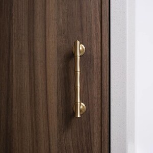 May include: A gold-coloured bamboo-style cabinet pull handle mounted on a dark brown wooden cabinet door. The handle has a vertical design with a cylindrical body and rounded ends.