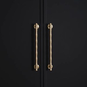 May include: Two gold-coloured cabinet handles with a bamboo design are mounted on a black cabinet door. The handles are vertically oriented, with a cylindrical bamboo-like texture and rounded ends.