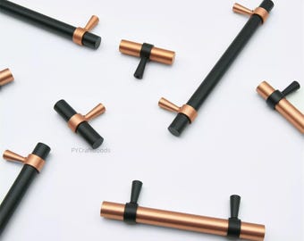 Koperen keukenkastgrepen, zwarte ladeknoppen, roségouden hendelknop garderobekast