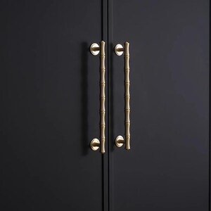 May include: Two brass-coloured cabinet pulls with a bamboo design are mounted on a dark grey cabinet door. The pulls are vertically oriented, with a circular base and a long, textured handle. The bamboo-style handles add a touch of nature-inspired elegance.