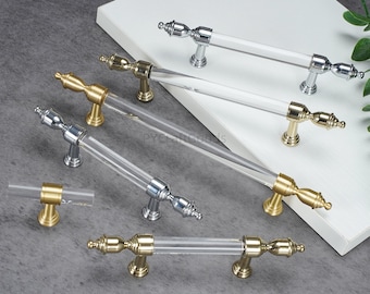 Clear Acrylic Drawer Pull Handle, Silver Gold Kitchen Cabinet Hardware Handle, decorative  Pulls