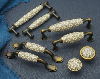 Camellia keramische ladeknoppen trekt, handgrepen bloemenkast, antiek messing keukentrekhardware