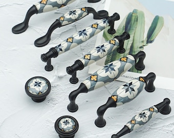 Bloem keramische kastknoppen trekt, zwartgrijze keukenladegrepen, unieke trekknop