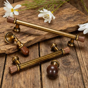 May include: A collection of antique-style cabinet hardware, including handles and knobs. The hardware features a bronze finish with brown wooden accents. The pieces are arranged on a rustic wooden surface, with white flowers in the background.