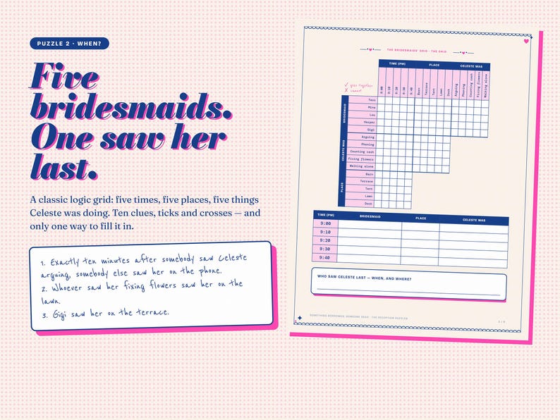 Wedding Murder Mystery Puzzle: Printable Bridal Shower Case File Game, Logic Grid image 9