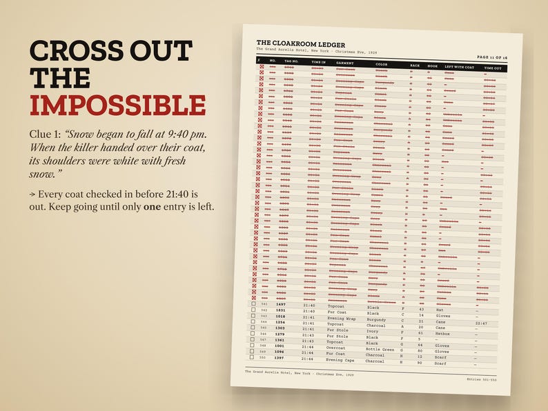 Cross out every ledger entry that breaks a clue