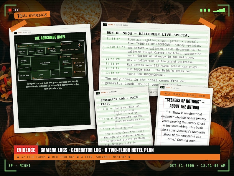 Evidence props: a two-floor plan of the hotel, the run of show, camera and generator logs, a viewers' message board and a hidden recorder's log