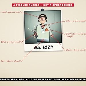 Puede incluir: Una ilustraci&oacute;n de rompecabezas con un personaje en camisa blanca con un parche triangular en el pecho, sosteniendo una linterna. El texto incluye: A PICTURE PUZZLE - NOT A SPREADSHEET, No. 1029, y SHAPES ARE CLUES - COLOURS NEVER ARE - SURVIVES A B/W PRINTER.