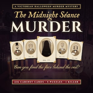 The Midnight Séance Murder — printable Victorian Halloween murder mystery: 216 cabinet cards, 5 puzzles, 1 killer