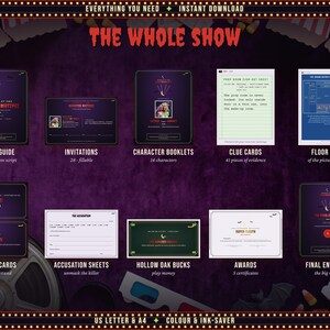 Everything included in the Murder at the Monster Matinee murder mystery kit