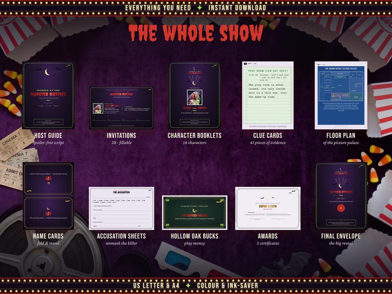 Everything included in the Murder at the Monster Matinee murder mystery kit
