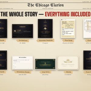 Everything included in the Murder at the Gilded Lily murder mystery kit