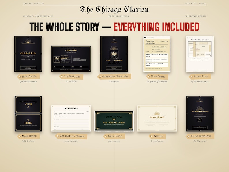 Everything included in the Murder at the Gilded Lily murder mystery kit