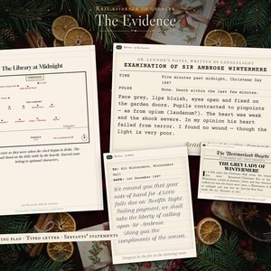 Evidence props: a seating plan of the library, an anonymous typed letter, a bank's warning, a painted lantern slide and the servants' statements