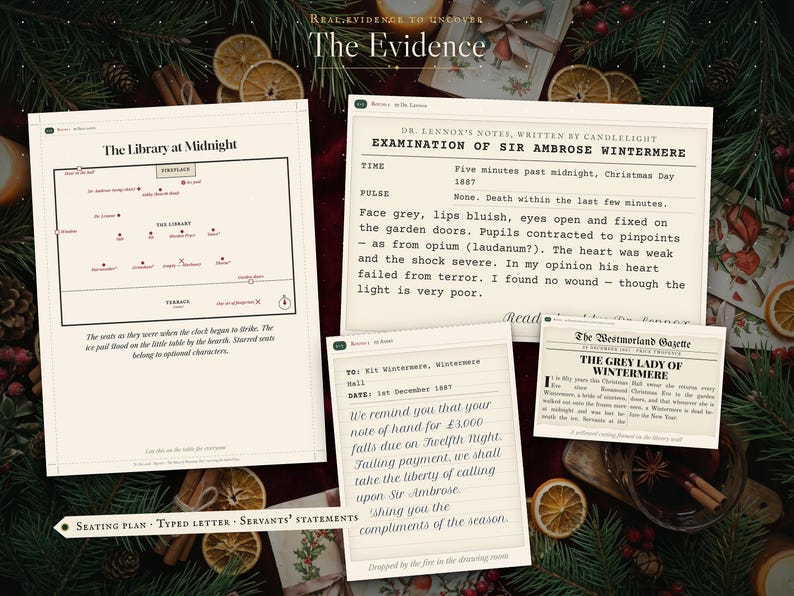 Evidence props: a seating plan of the library, an anonymous typed letter, a bank's warning, a painted lantern slide and the servants' statements