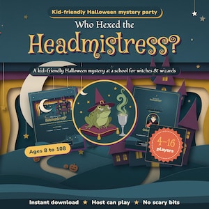 Who Hexed the Headmistress? — printable kid-friendly Halloween mystery party game at a witch school, for 4-16 players