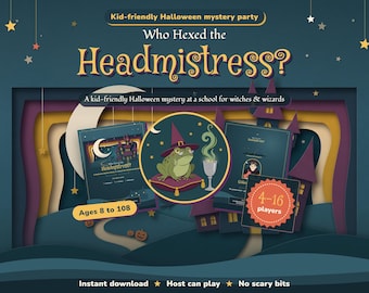 May include: A digital game kit titled Who Hexed the Headmistress? featuring a layered paper-cut style background with a crescent moon, stars, and a castle. The central circular graphic shows a green frog in a witch hat on a purple pillow.
