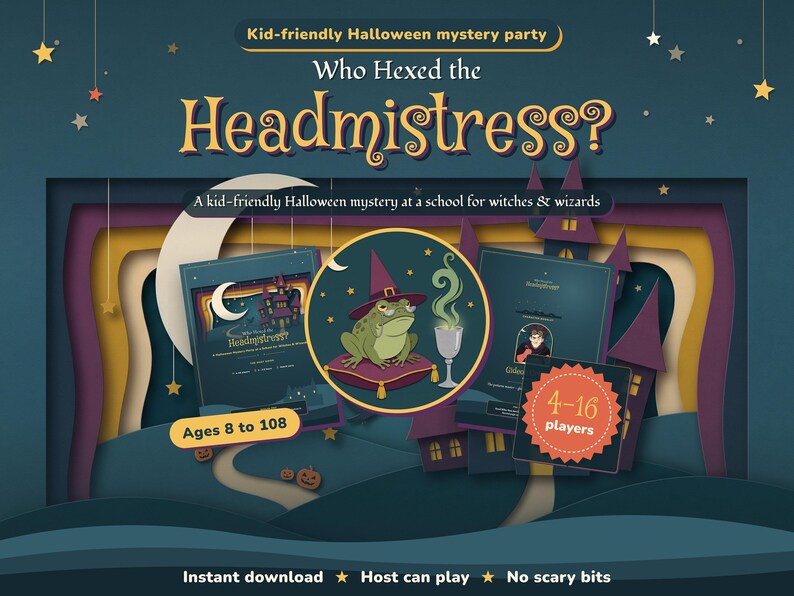 Who Hexed the Headmistress? — printable kid-friendly Halloween mystery party game at a witch school, for 4-16 players
