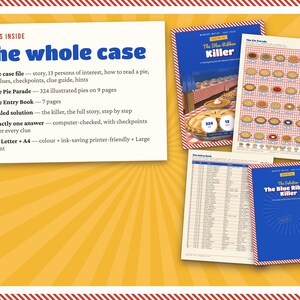 May include: A printable mystery game kit titled The Blue Ribbon Killer, featuring a case file, a pie parade sheet with 324 illustrated pies, an entry book, and a sealed solution. The documents are displayed against a yellow sunburst background.
