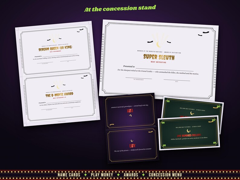 Party printables: name cards, play money, awards, bar menu and door sign