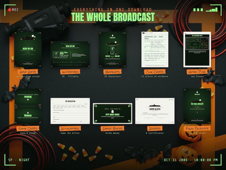 Everything included in the Spirit Seekers Live: Dead on Air murder mystery kit