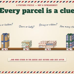 A picture puzzle: read every parcel — shape, paper, string or ribbon, stamps and stickers