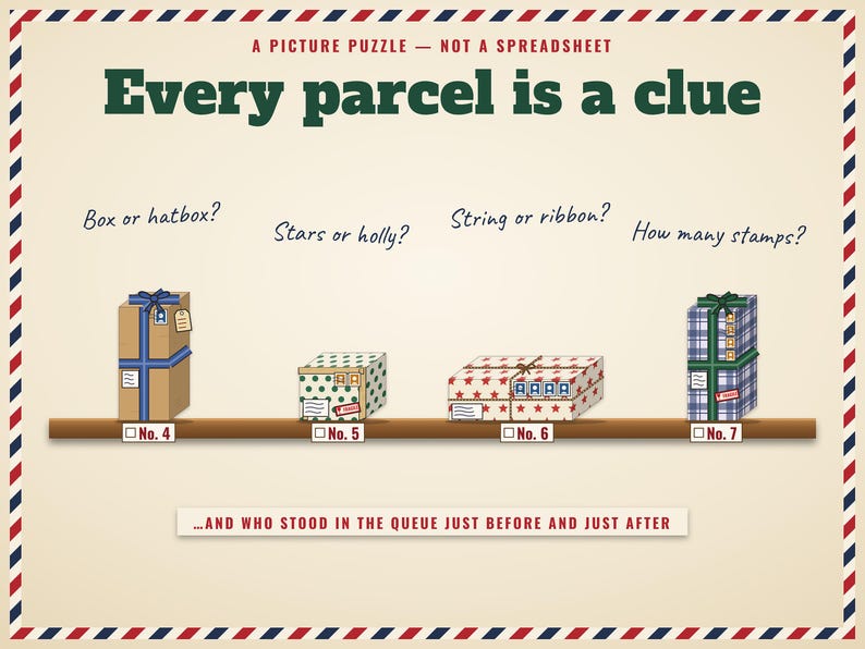 A picture puzzle: read every parcel — shape, paper, string or ribbon, stamps and stickers