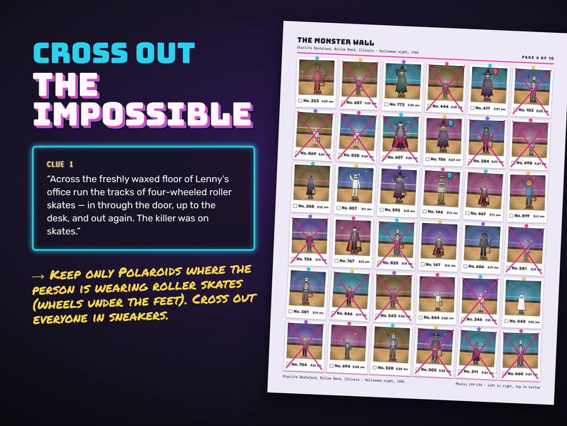 Cross out every Polaroid that breaks a clue