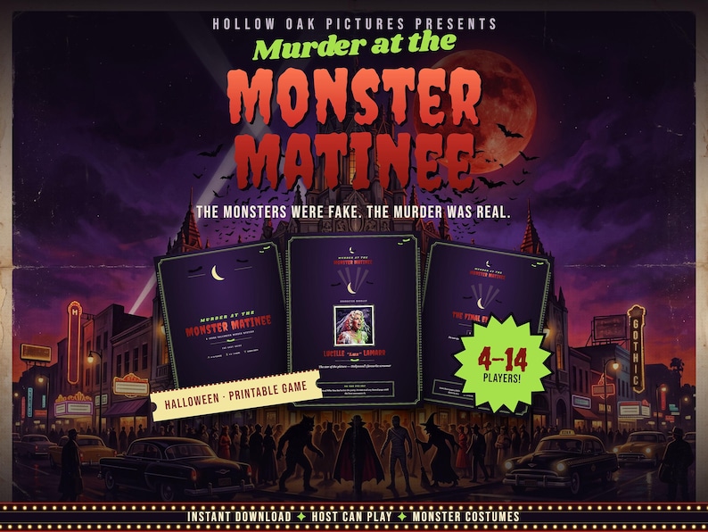 Murder at the Monster Matinee — printable 1950s Halloween murder mystery party game, for 4-14 players