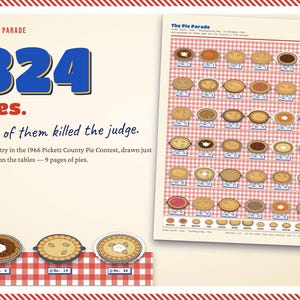 May include: A graphic print titled The Pie Parade featuring 324 pies, with the text One of them killed the judge. It includes a grid of illustrated pies on a red and white checkered background, plus three individual pie illustrations labelled No. 6, 19, and 26.