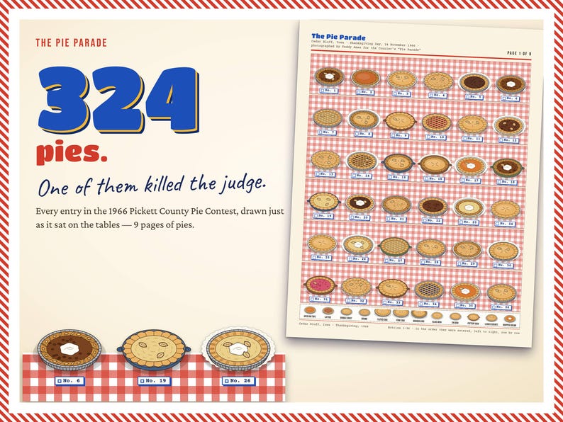 May include: A graphic print titled The Pie Parade featuring 324 pies, with the text One of them killed the judge. It includes a grid of illustrated pies on a red and white checkered background, plus three individual pie illustrations labelled No. 6, 19, and 26.