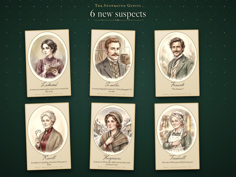 The 6 new suspects of the The Snowbound Guests expansion — male and female versions
