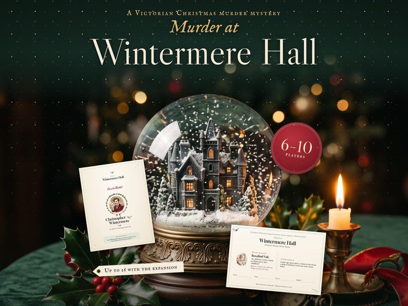 Murder at Wintermere Hall — printable Victorian Christmas murder mystery party game, for 6-10 players