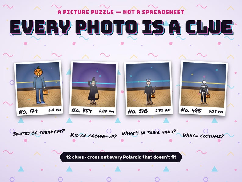 A picture puzzle: read every Polaroid — skates, size, costume and what they carry