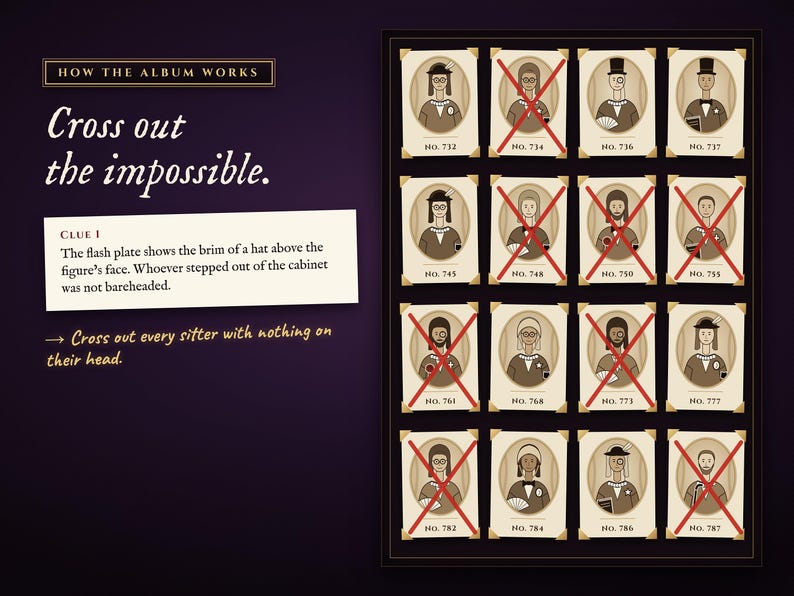 Cross out every portrait that breaks a clue